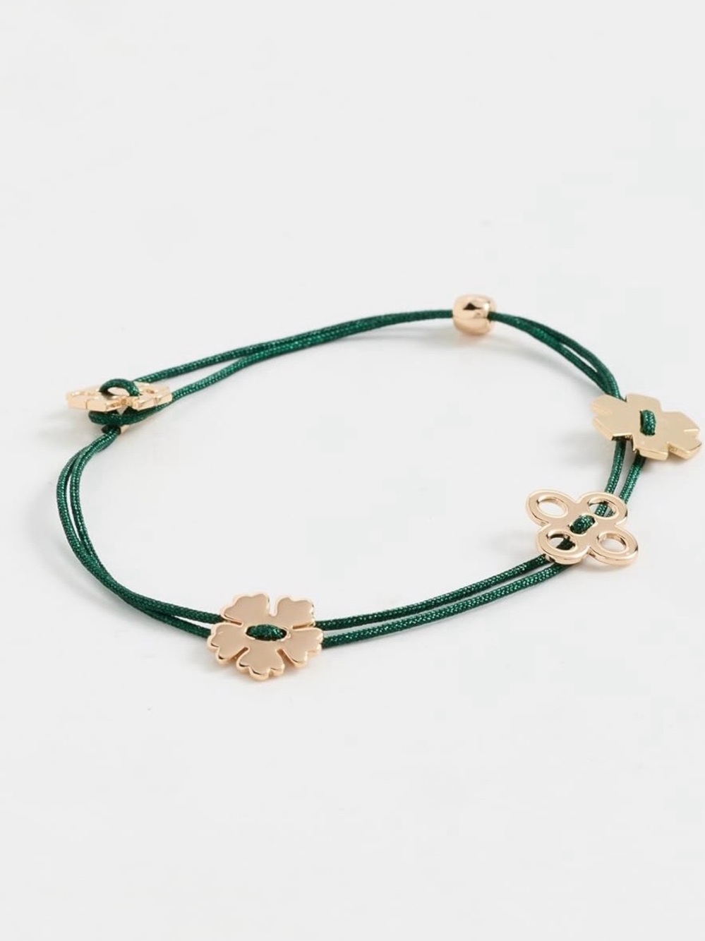 Tory Burch Gold Clover Charm Green Cord Bracelet